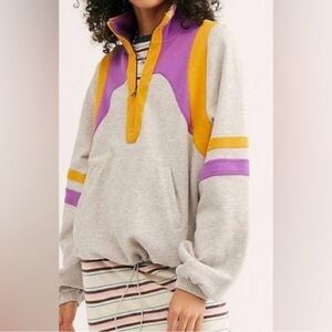 Free People Color Me Rad Quarter Zip Pullover Grey Purple Yellow Retro 80s